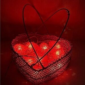 Vintage Valentine’s Decor Set: Large Heart Basket, Tinsel, Heart String Lights
